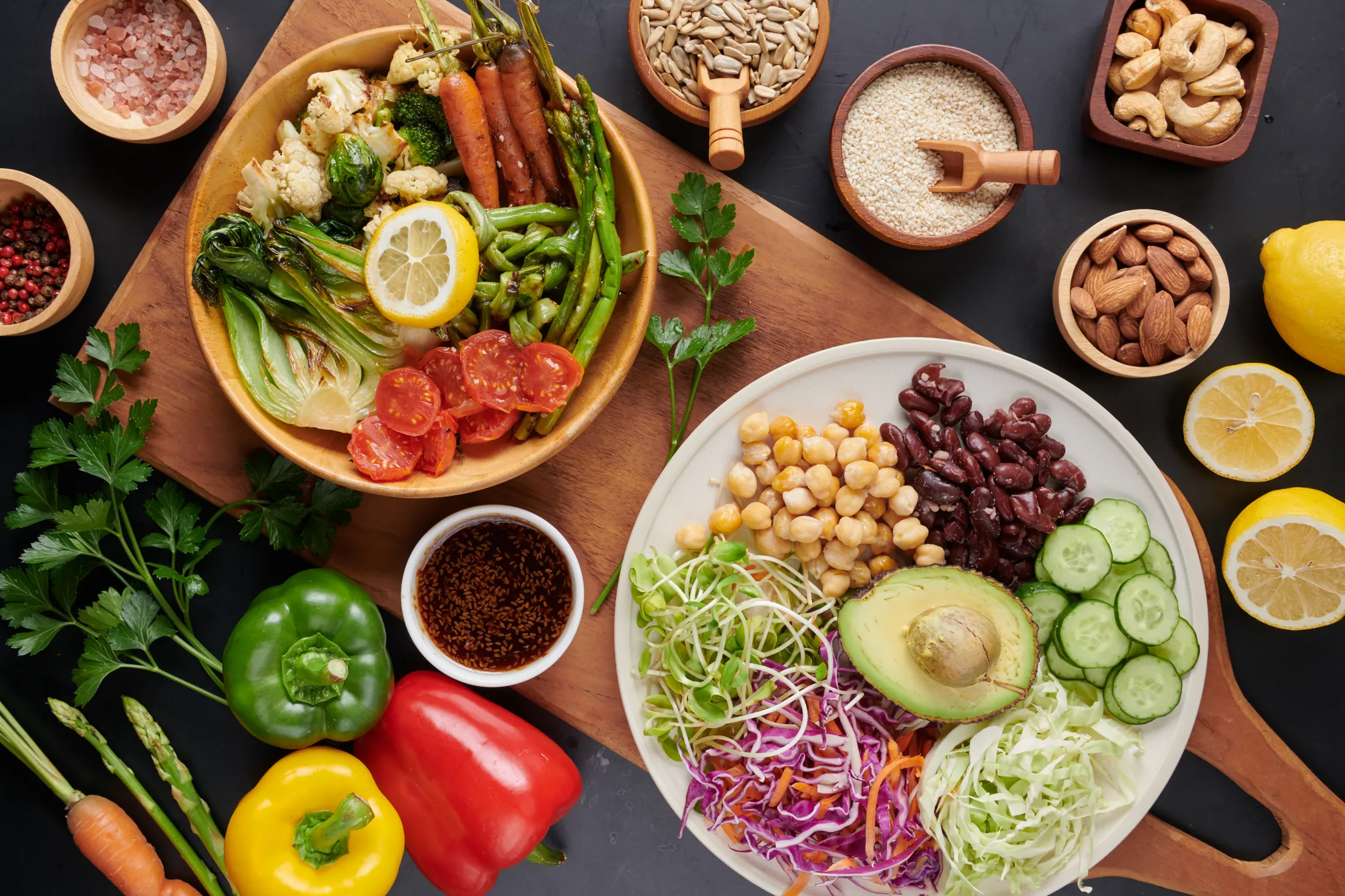 A colourful balanced table with vegetables and wholesome foods